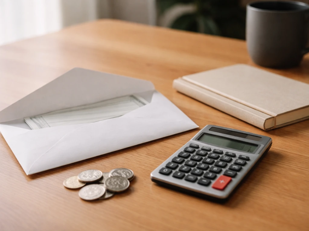 Minimal office desk with a calculator and envelope, symbolizing comparing startup and monthly costs.