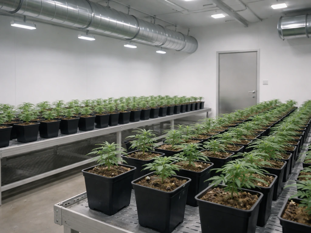 Clean micro-cultivation room in Canada with small cannabis plants under grow lights, no people or text