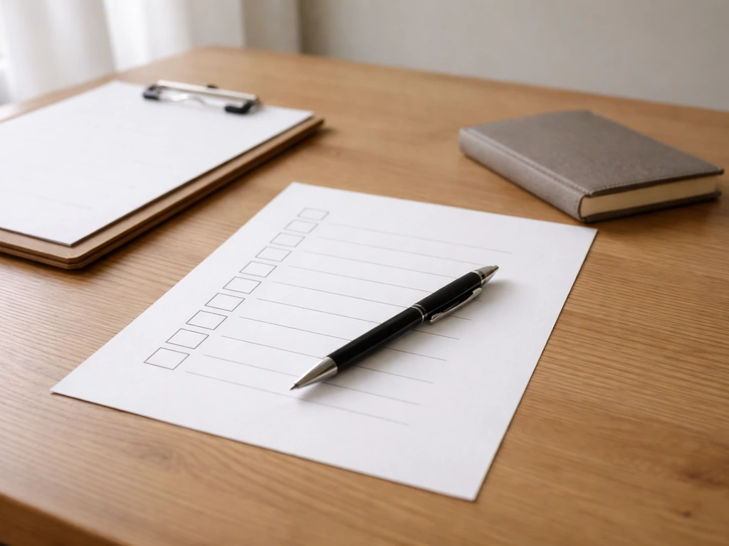 Minimal desk scene with a pen and an untitled checklist page next to a clipboard and logbook-style papers