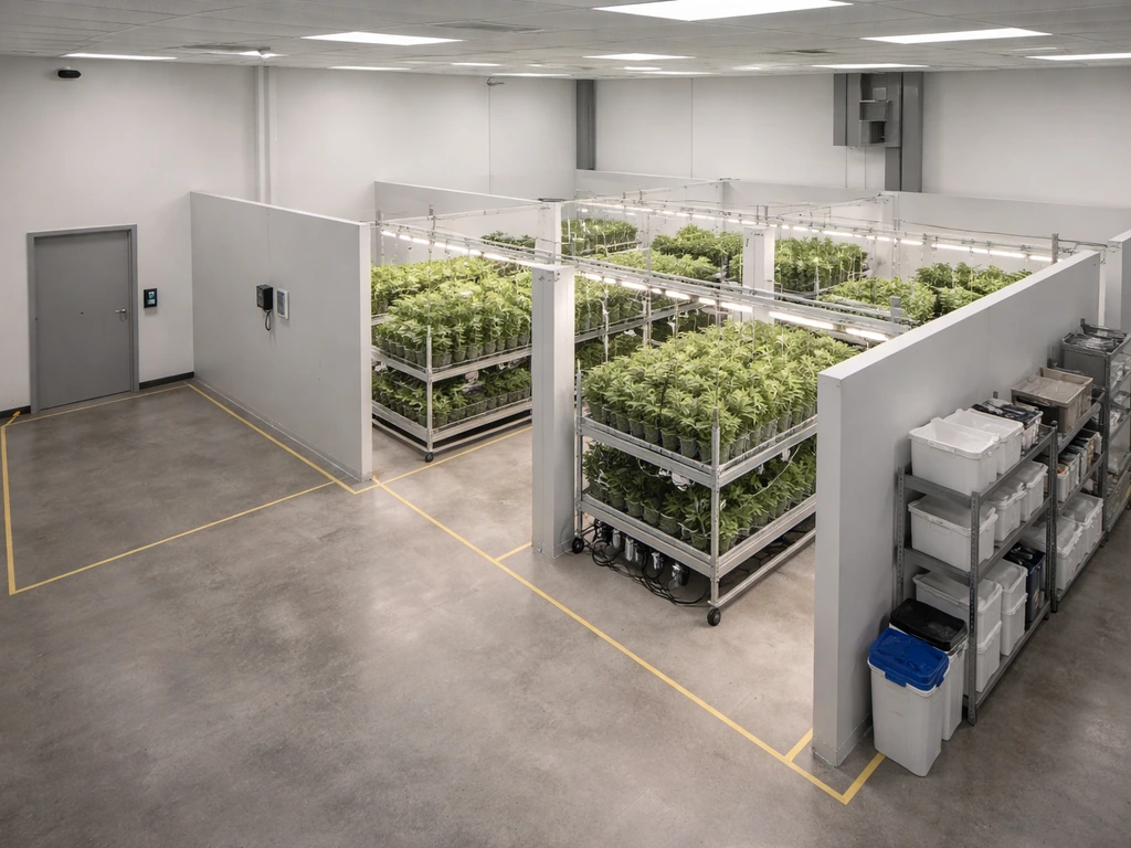 Minimal overhead view of a micro-cultivation facility layout with controlled access zones, barriers, and security device