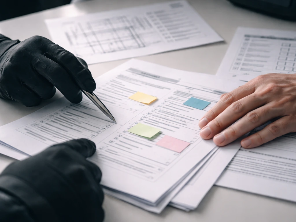 Gloved hands review an unbranded security plan document on a desk with a sketch map and notes.
