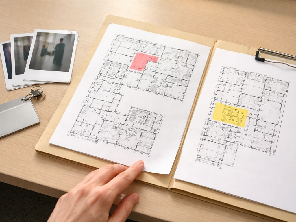 Desk with highlighted floor plan sheets and blurred facility door photos showing restricted access and storage areas.