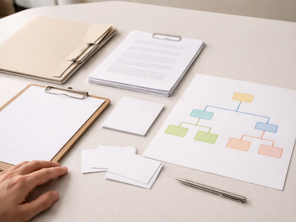 Desk with blank corporate documents and an organizational chart layout suggesting licensing paperwork