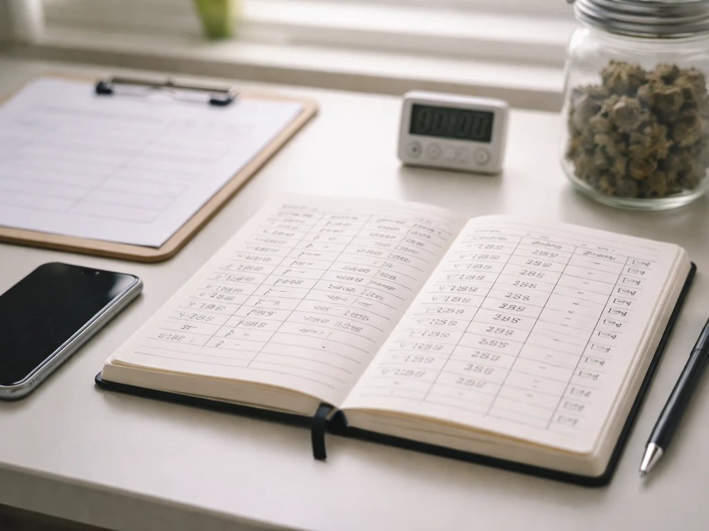 Close-up of an open compliance notebook and phone on a desk with a traceability log and cannabis jar.