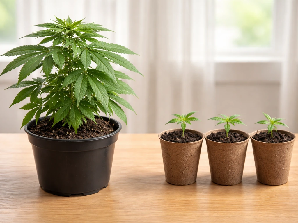 Minimal photo of a cannabis plant on soil beside a few small seedlings, symbolizing two growth contexts in BC.