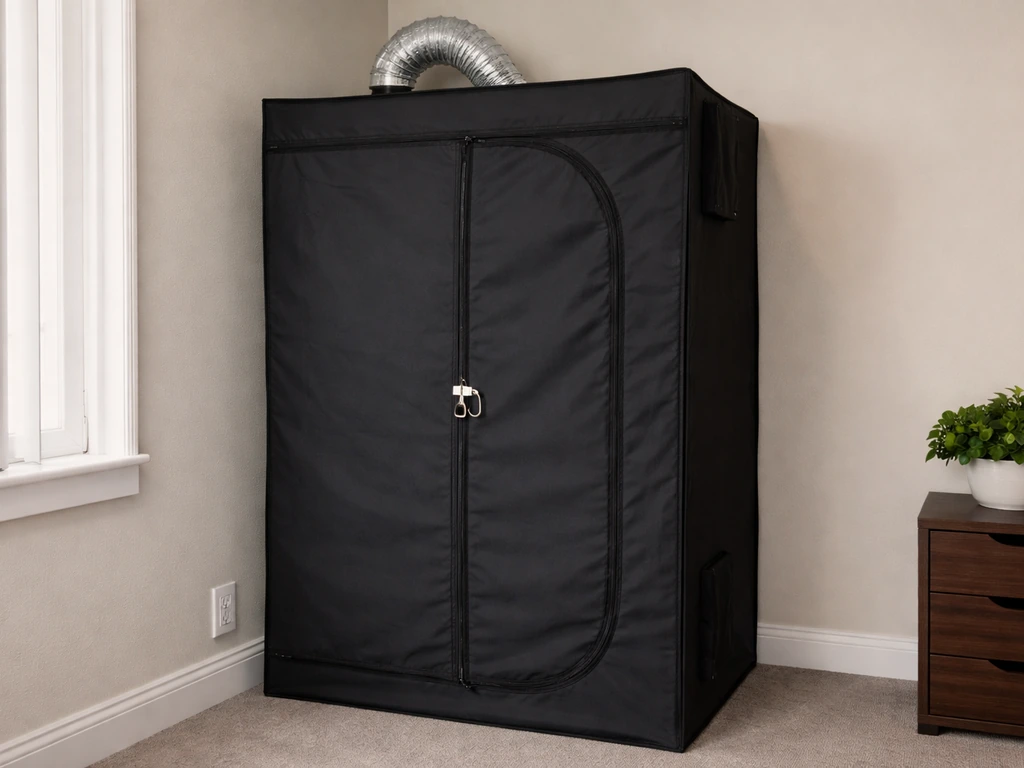 Locked compact grow tent setup with ventilation and seedlings in small pots, minimal and secure indoors.