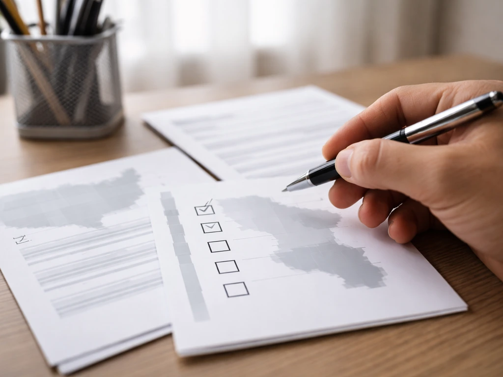 Hand points to a blurred checklist and map-style paper on a wooden desk, suggesting state-by-state requirements vary.