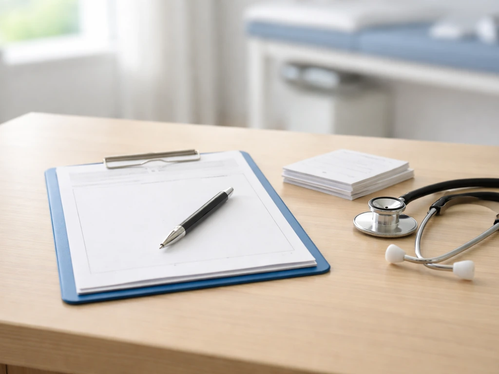 Minimal doctor’s office desk with blank certification form, pen, and stethoscope in natural light.