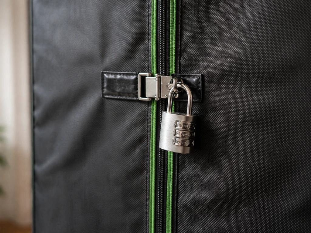 Close-up of a locked grow tent door with a combination/key lock and secured latch in a dim indoor space.