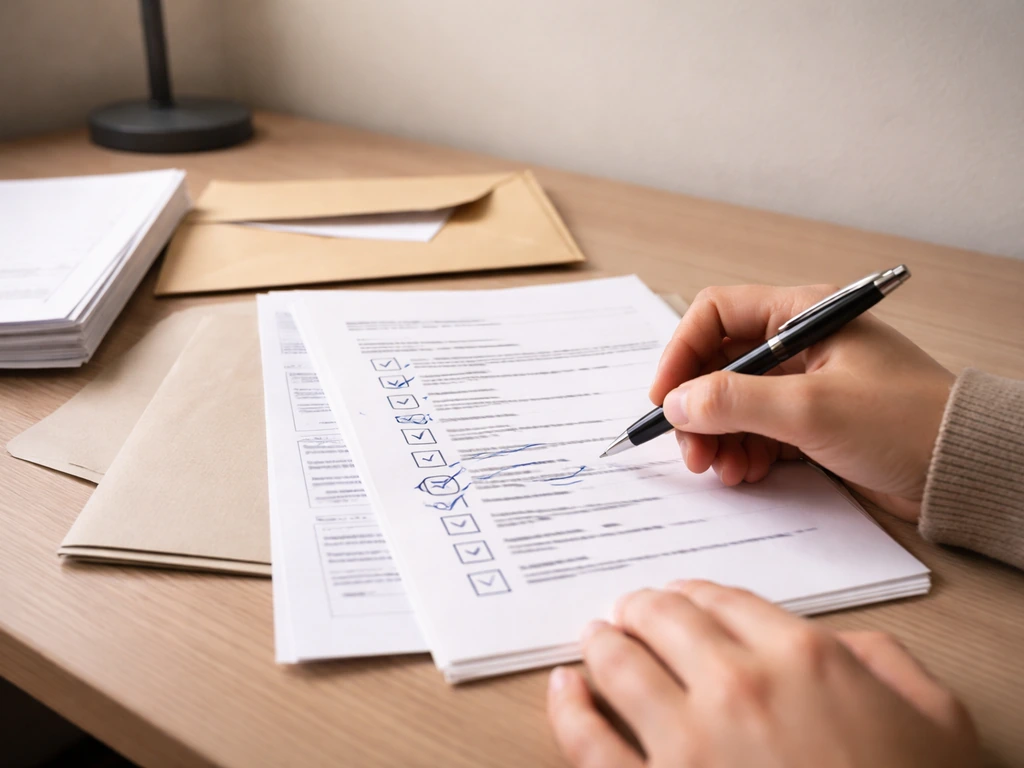Close-up of hands reviewing application paperwork with a blurred checklist and missing-document folders