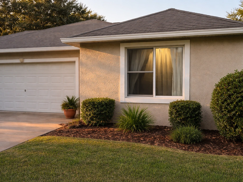 Florida home exterior with a sheer-curtain hint of a hidden indoor grow tent behind a window.
