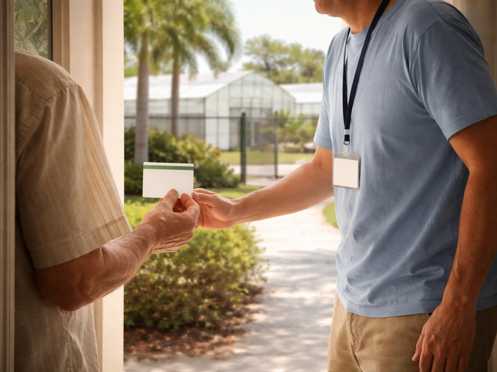 Adult patient and caregiver at a doorway with a gated facility in the background, symbolizing cannabis eligibility.