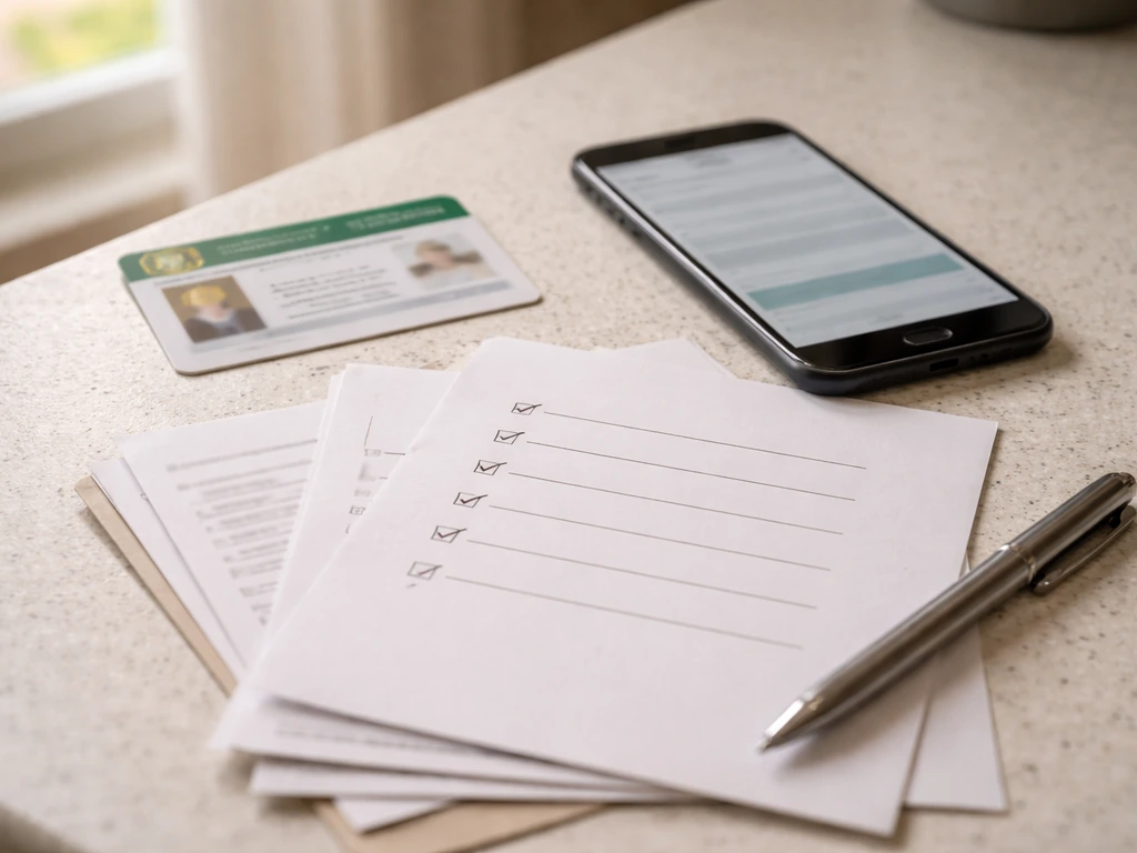 Closeup of a kitchen counter with an ID card, authorization paperwork, and a handwritten checklist for compliance.