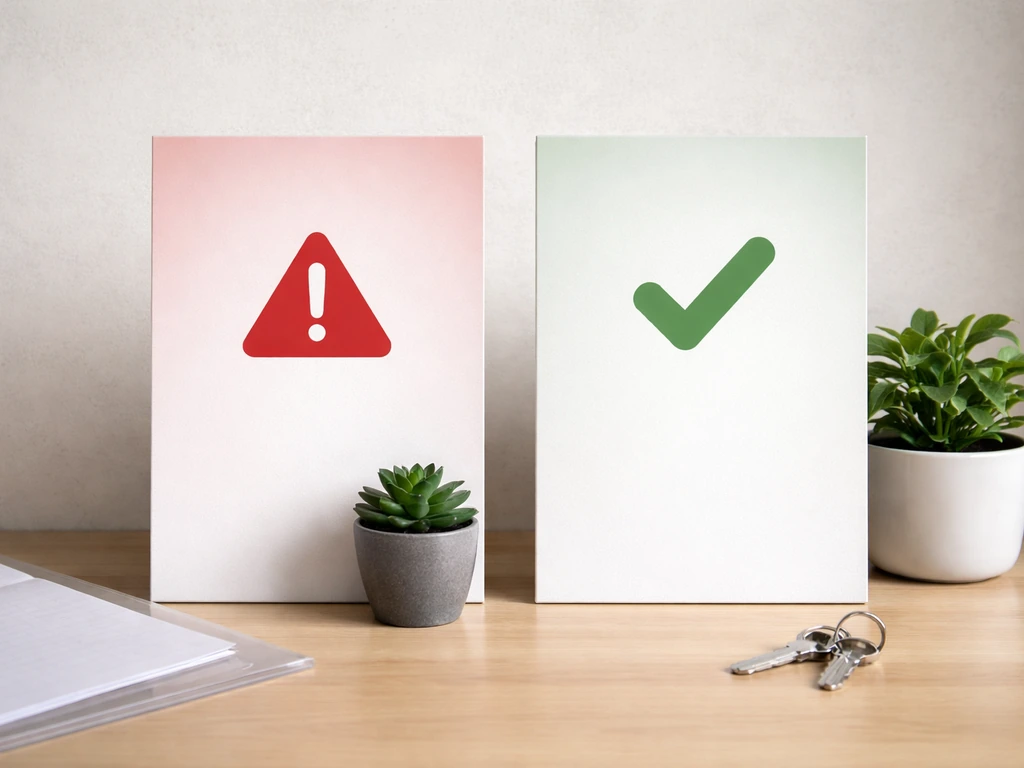 Minimal two-column desk scene with warning vs check symbols and two potted plants, no text.