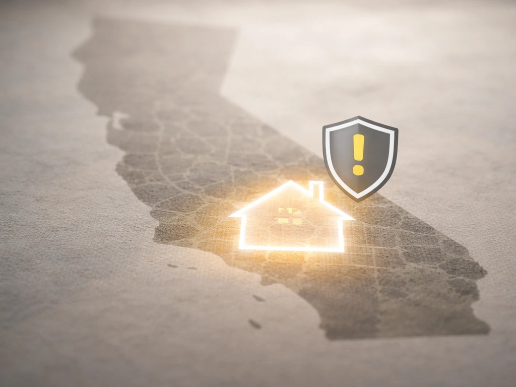 California map silhouette with a highlighted house area and a generic report icon overlay, no people.