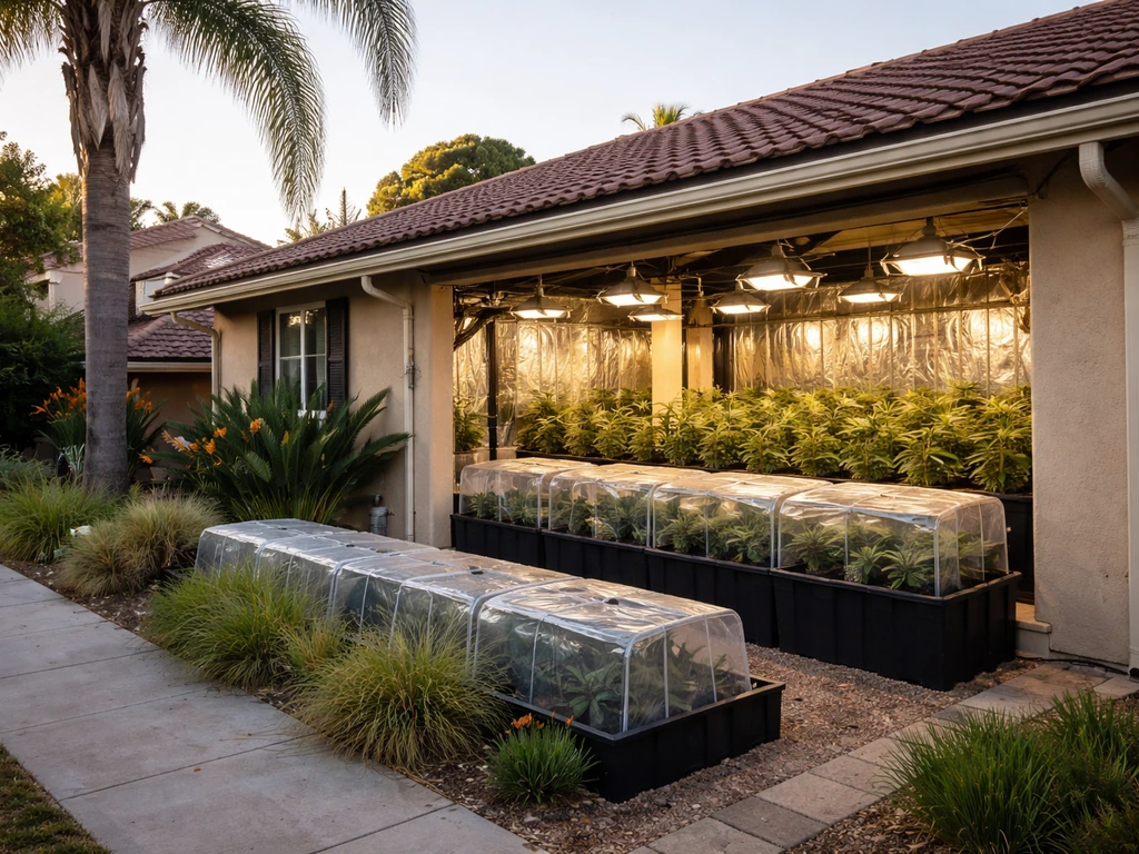 Quiet suburban home exterior with suspicious-large-scale cannabis grow indicators visible from outside