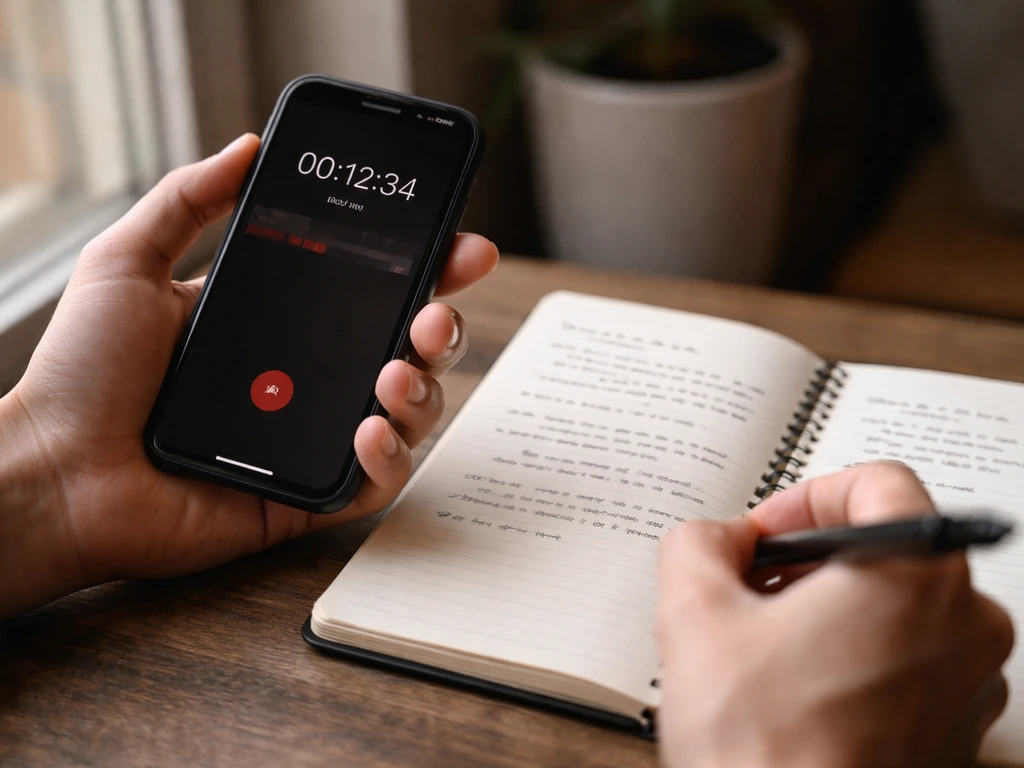 Close-up of hands using a phone to document observations, with a notebook beside it, blurred details.