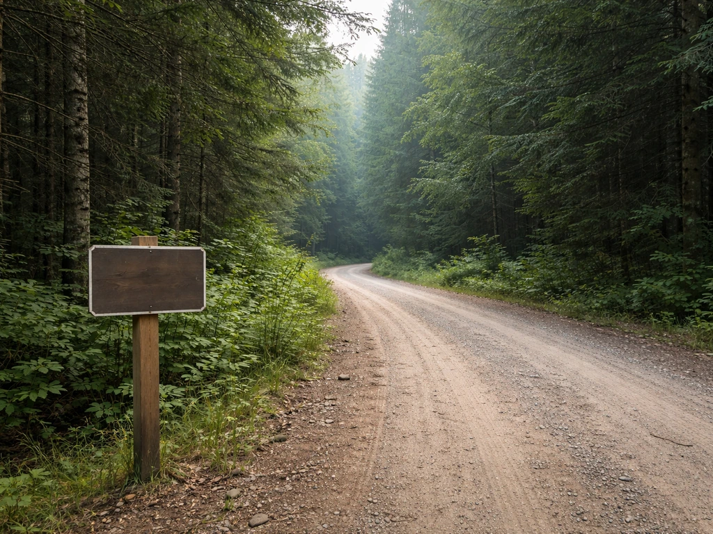 Dirt road beside a national forest with a small trailhead sign, suggesting reporting on public land.