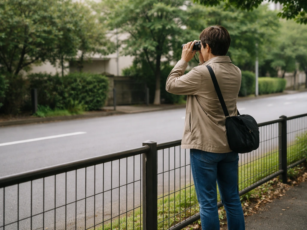Person safely behind a fence on a sidewalk, calmly observing with binoculars or a camera from a distance.