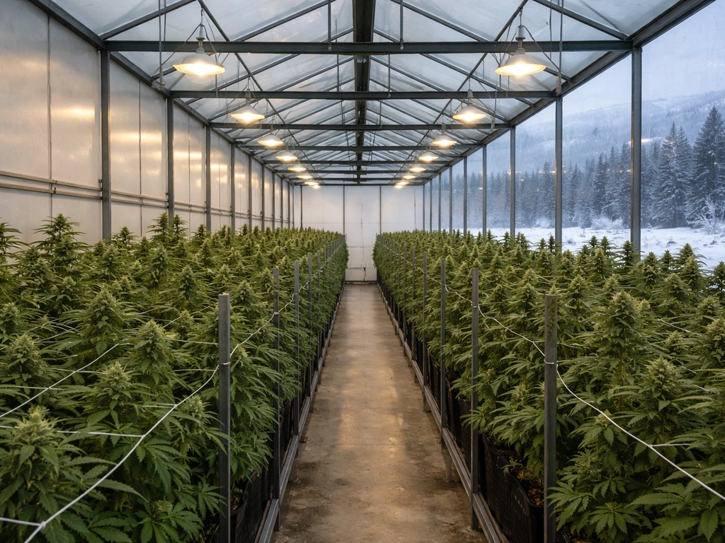 Alaska greenhouse grow room with neatly arranged cannabis plants and snowy winter atmosphere outside.