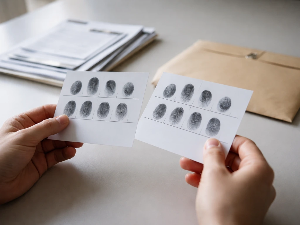 Hands holding fingerprint cards with identification documents and a sealed compliance envelope on a desk.