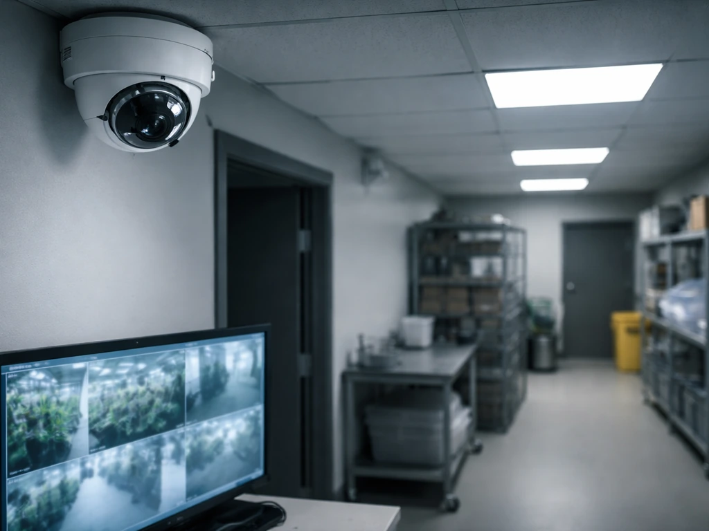 Wall-mounted CCTV camera and monitor glow in a quiet cannabis cultivation facility operations room.