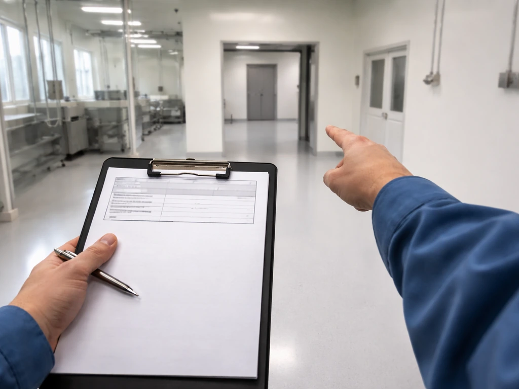 Inspector’s clipboard and pen during a minimal facility walkthrough toward a room entrance.