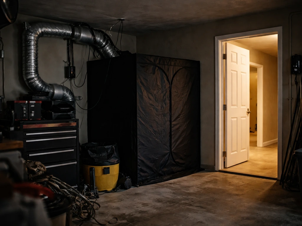 Empty residential garage with visible ventilation ducting and tools, hinting at a compliance risk inspection