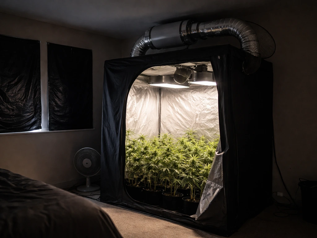 Indoor cannabis grow tent with blacked-out windows and carbon filter ducting visible, no people.