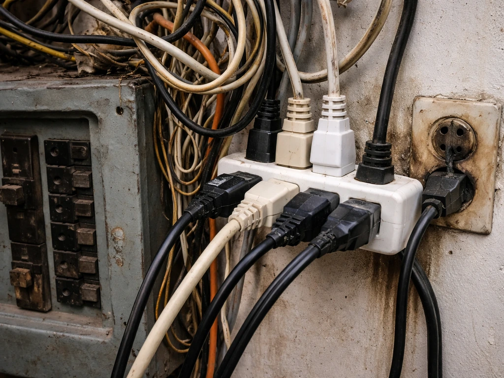 Close-up of a cramped, strained electrical breaker and power strip suggesting overload and fire risk.