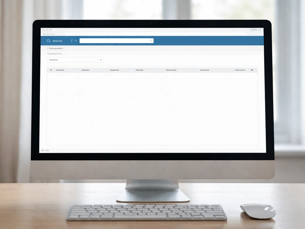 Screenshot-like view of a government-style licensing database on a computer monitor on a minimal desk.