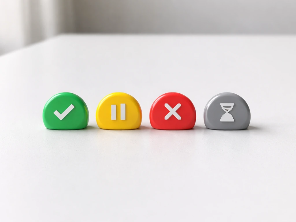 Four colored anonymous status badges on a light surface with simple icons for each licence state.