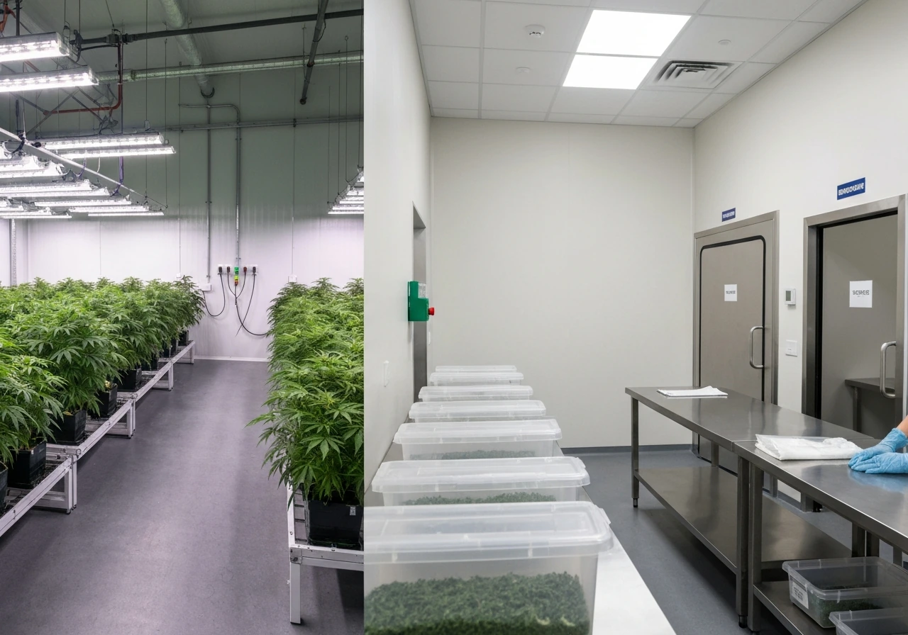 Minimal photo of connected grow room and processing/packaging area representing a single grower-processor permit