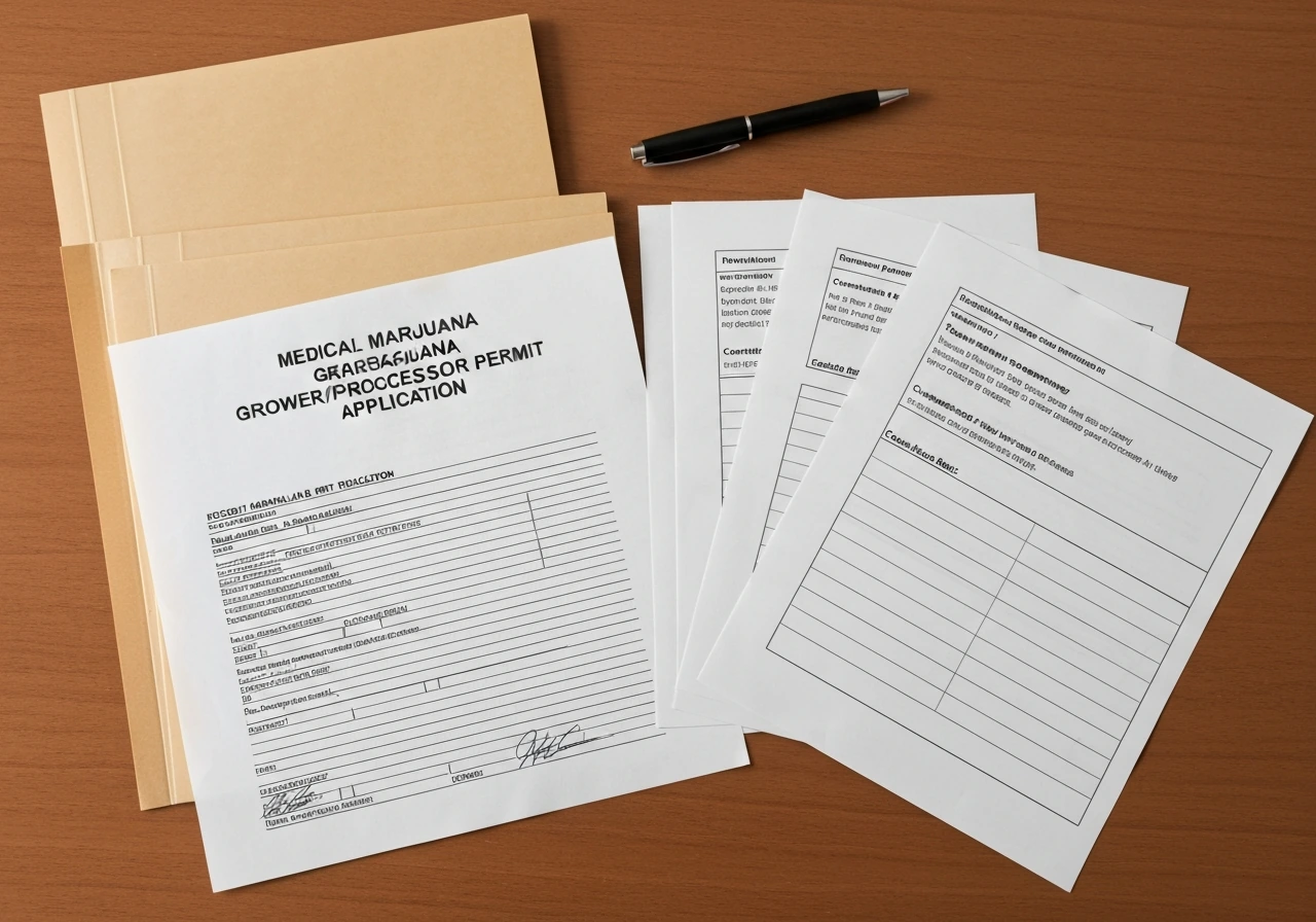 Organized packet of permit application and supporting paperwork neatly laid out on a wooden desk.