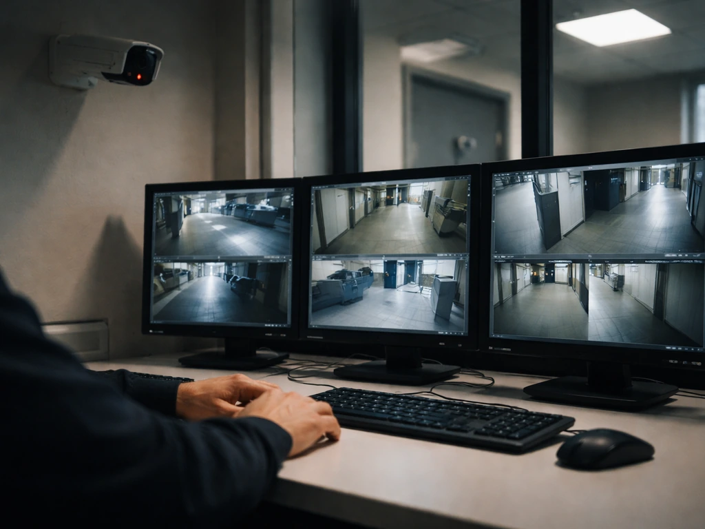 Inside a secure Pennsylvania compliance room with active surveillance monitors and a camera view