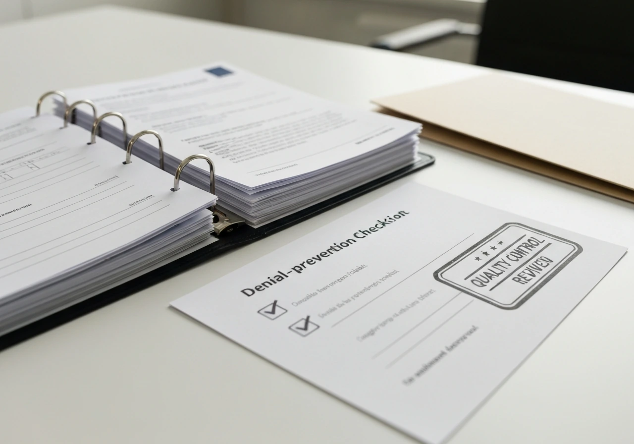 Submission binder packet on a desk with a stamped checklist and a denial-prevention checklist.