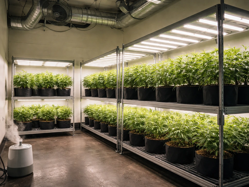 Empty indoor cannabis grow room with bright grow lights, ventilation, and organized plants on racks.