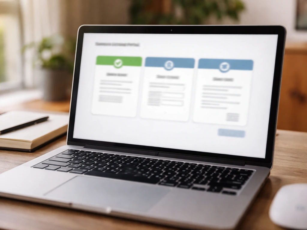 Blurred laptop screen showing a step-by-step online licensing portal flow in a quiet home office.