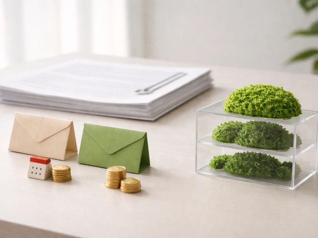 Minimal desk setup with envelopes and coins for fees, plus tiered plant canopies in separate containers.