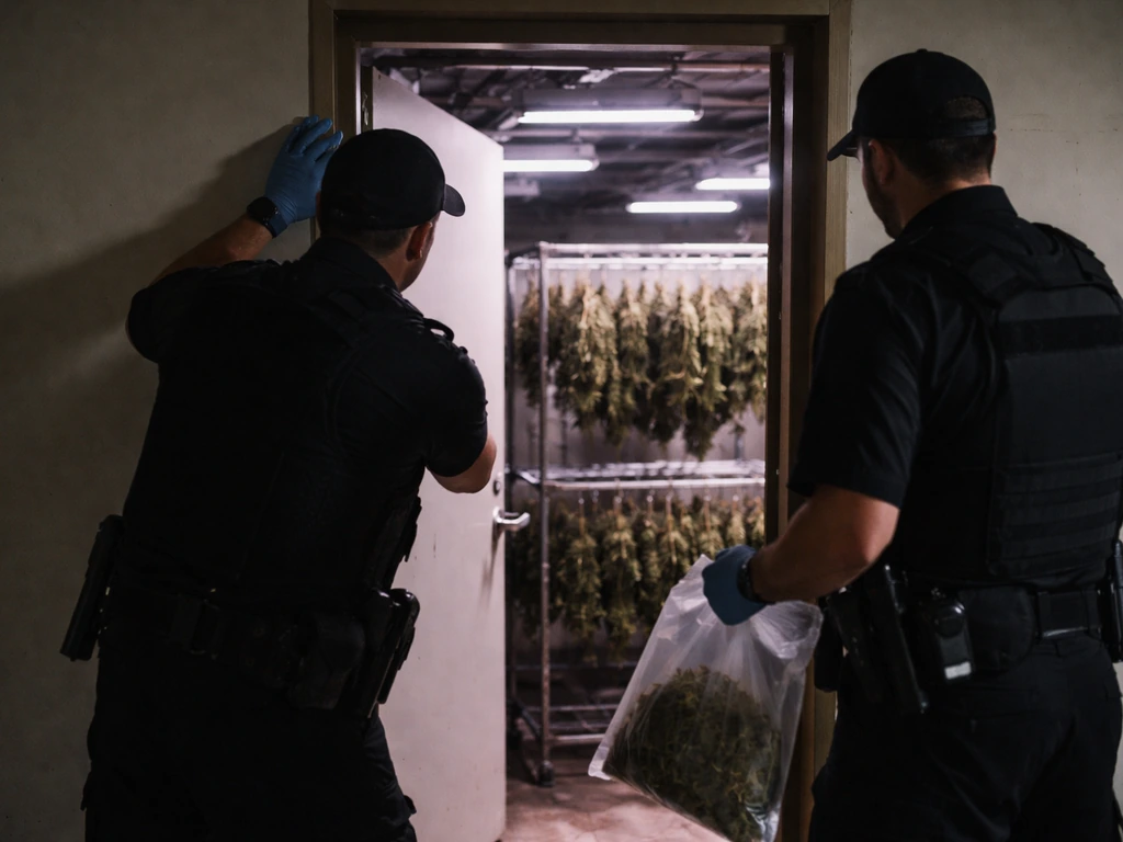 Two officers securing a doorway in a dim grow room with grow lights visible, bags of evidence ready.