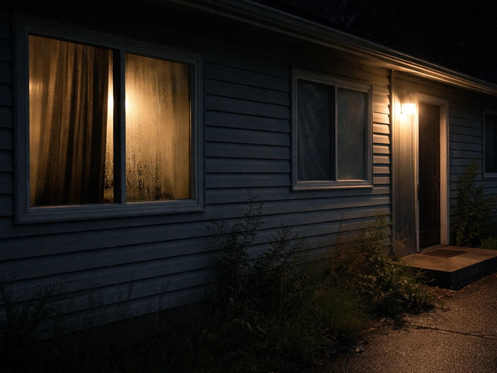 Suburban house exterior with covered window, condensation, and unusual warm exterior lighting at night.