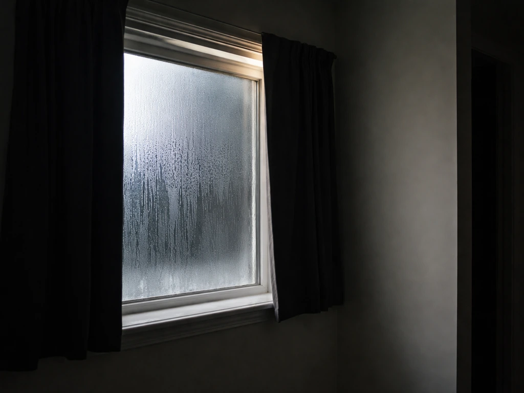 Close-up of a blacked-out window with condensation and light leaking from a vent gap; no people visible.