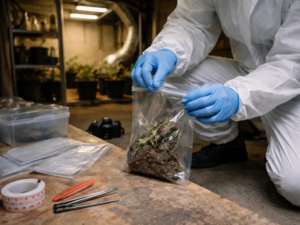 Gloved forensic worker bags plant and soil samples in an empty, dim room with grow-room equipment.