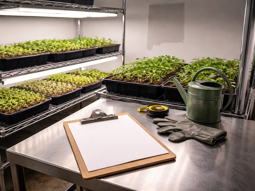 Minimal photo of a small grow room with a clipboard and a subtle outline map gesture inspired by New Mexico