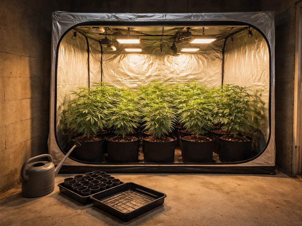 Small cannabis grow tent with a few potted plants in a simple room, illustrating micro-scale cultivation.