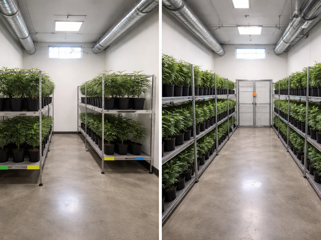 Minimal grow-room scene showing tiered plant-capacity levels and a 200-plant maximum concept