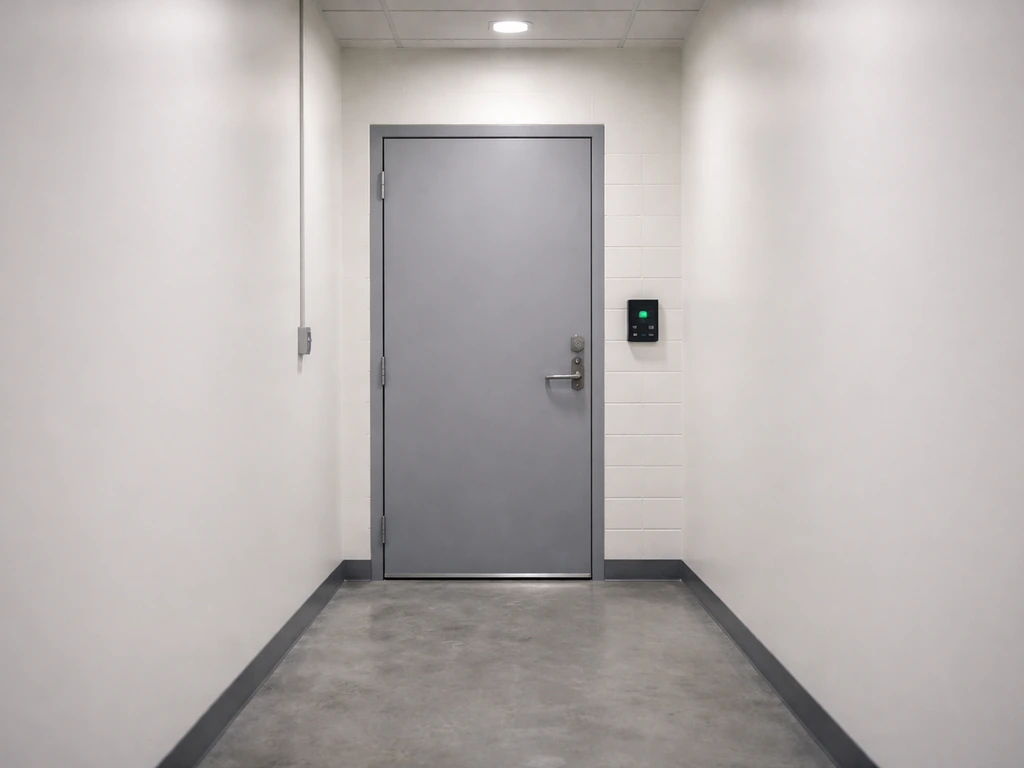 Single licensed facility interior with a locked door and access control at a limited-access entry point