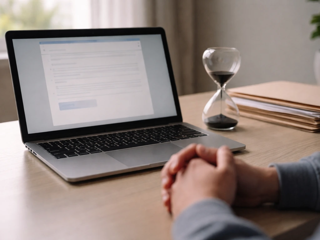 Hands at a desk near an hourglass and laptop form, suggesting a background check delay.