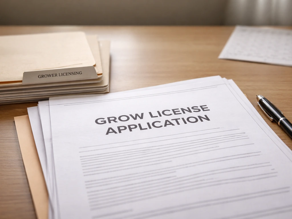 Close-up of license application paperwork for OMMA grower licensing on a desk with a pen, no personal info.