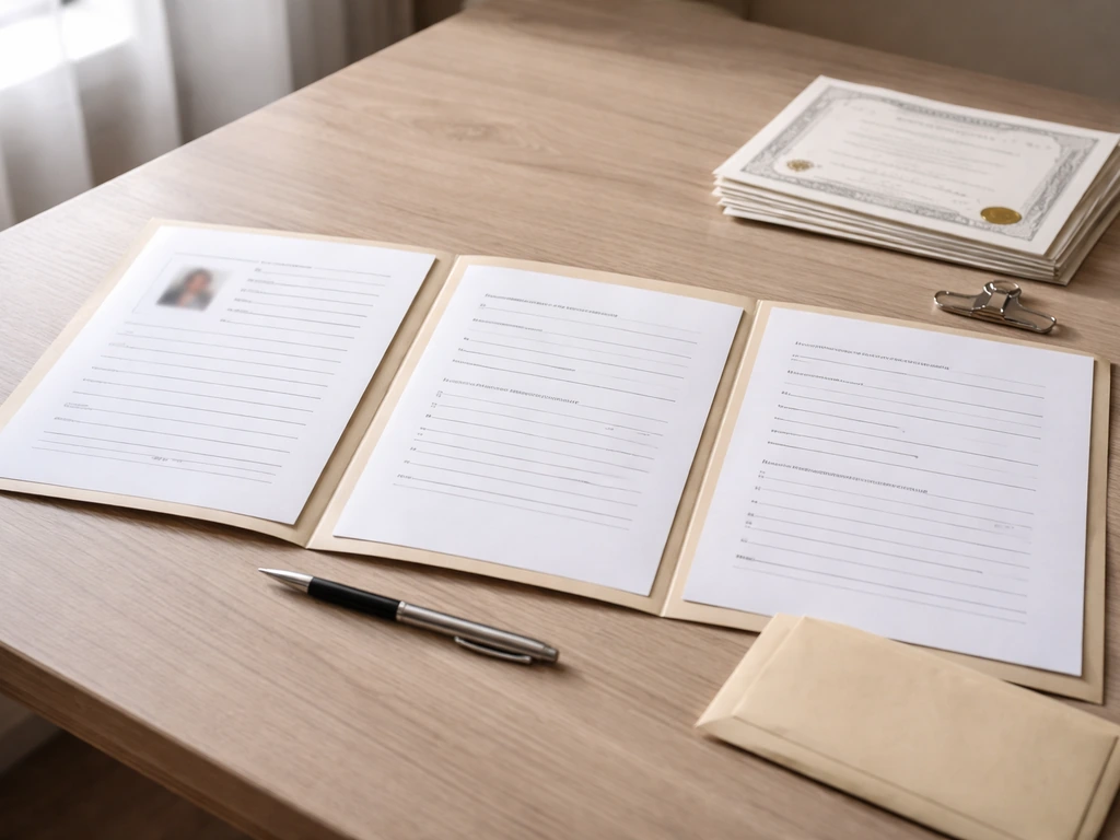 Minimal desk scene with an opened folder and unbranded documents suggesting residency, age, ownership, and background ch